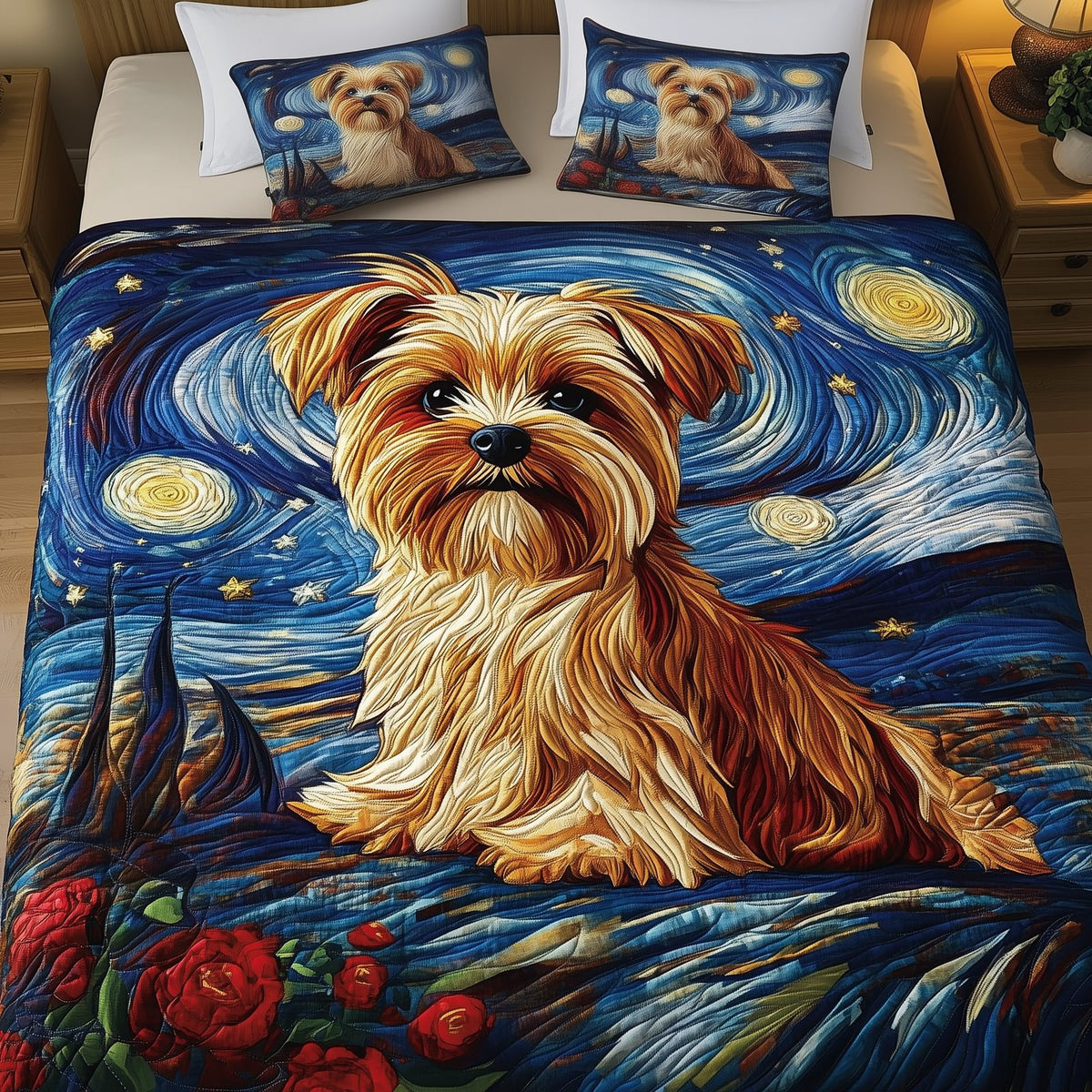 Yorkie Starry Night Roses quilted 3-piece bedding set on a made bed with two matching pillow shams