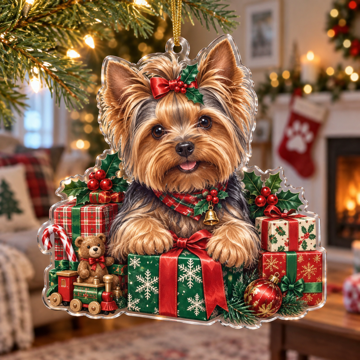 Yorkshire Terrier Acrylic Christmas Ornament — digital product visualization