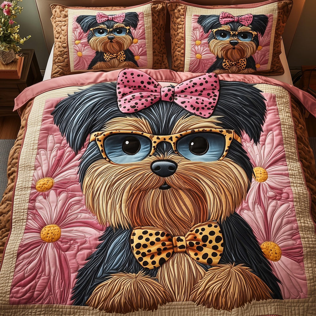 Yorkshire Terrier Pink quilted 3-piece bedding set on a made bed with two matching pillow shams