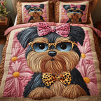 Yorkshire Terrier Pink quilted 3-piece bedding set on a made bed with two matching pillow shams