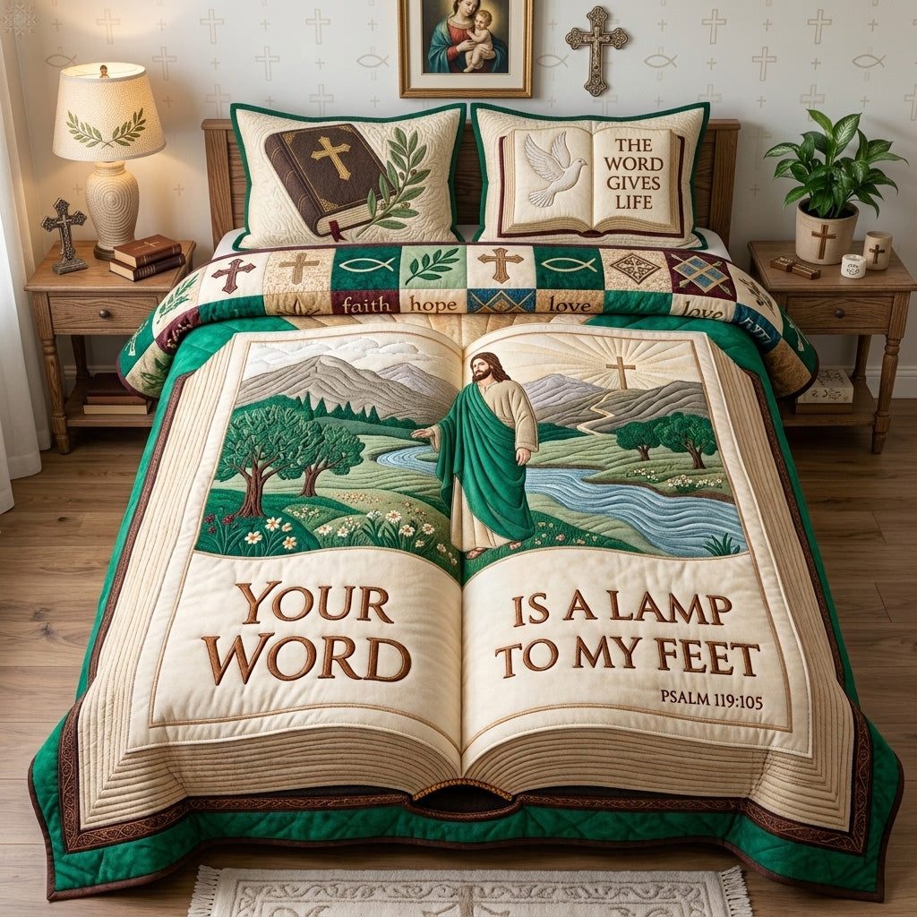 Your Word Is A Lamp quilted 3-piece bedding set on a made bed with two matching pillow shams
