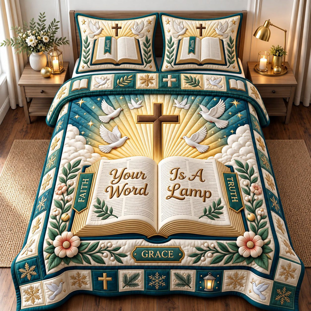 Your Word Is A Lamp quilted 3-piece bedding set on a made bed with two matching pillow shams