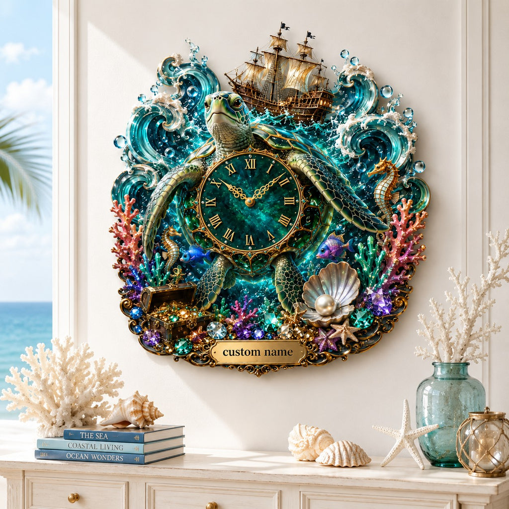 Personalized fantasy sea turtle wall clock — personalized with a custom name