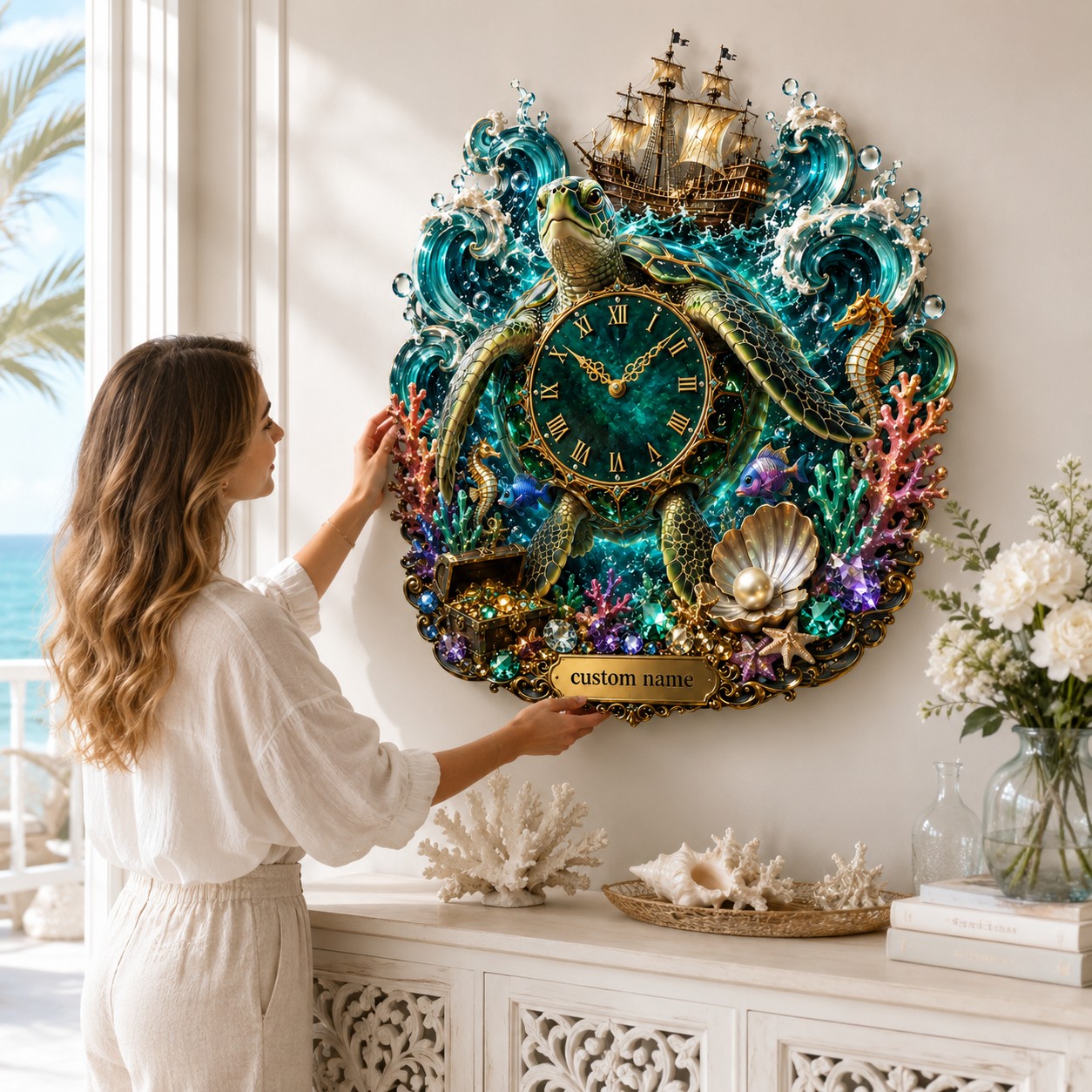 Personalized fantasy sea turtle wall clock — personalized with a custom name