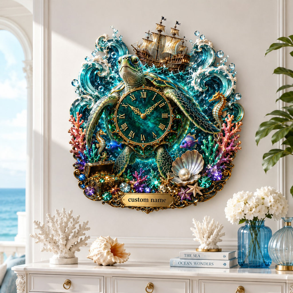 Personalized fantasy sea turtle wall clock — personalized with a custom name