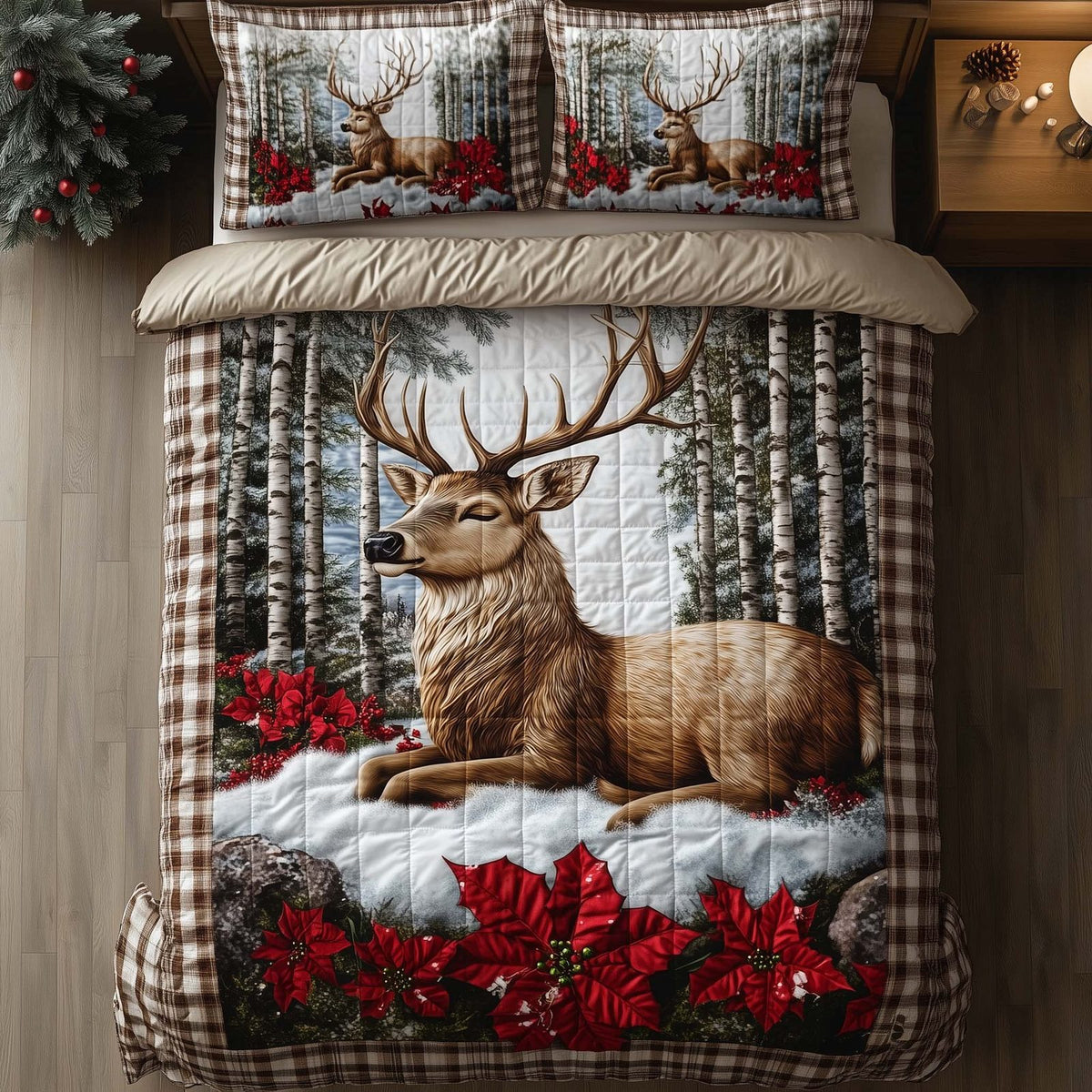 Yuletide Antler Cream quilted 3-piece bedding set on a made bed with two matching pillow shams