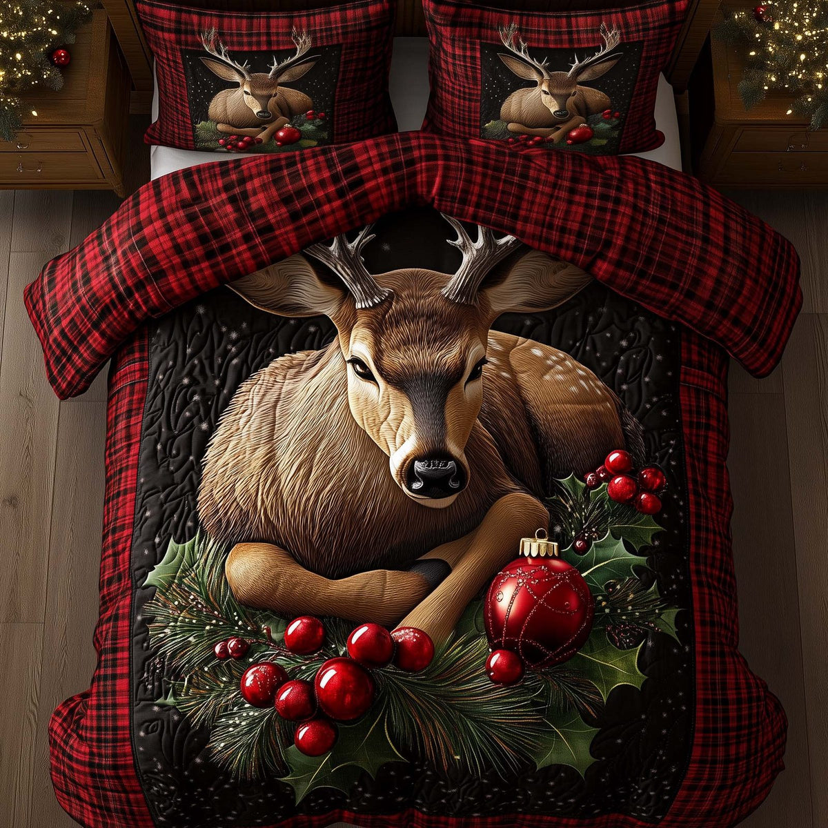 Yuletide Antler Plaid quilted 3-piece bedding set on a made bed in a farmhouse bedroom