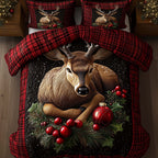 Yuletide Antler Plaid quilted 3-piece bedding set on a made bed in a farmhouse bedroom