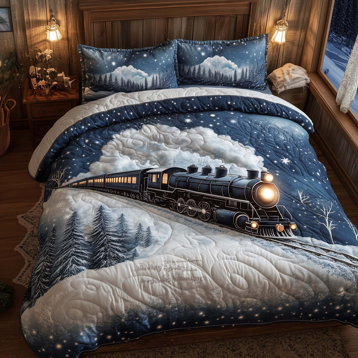 Yuletide Express Snow quilted 3-piece bedding set on a made bed with two matching pillow shams