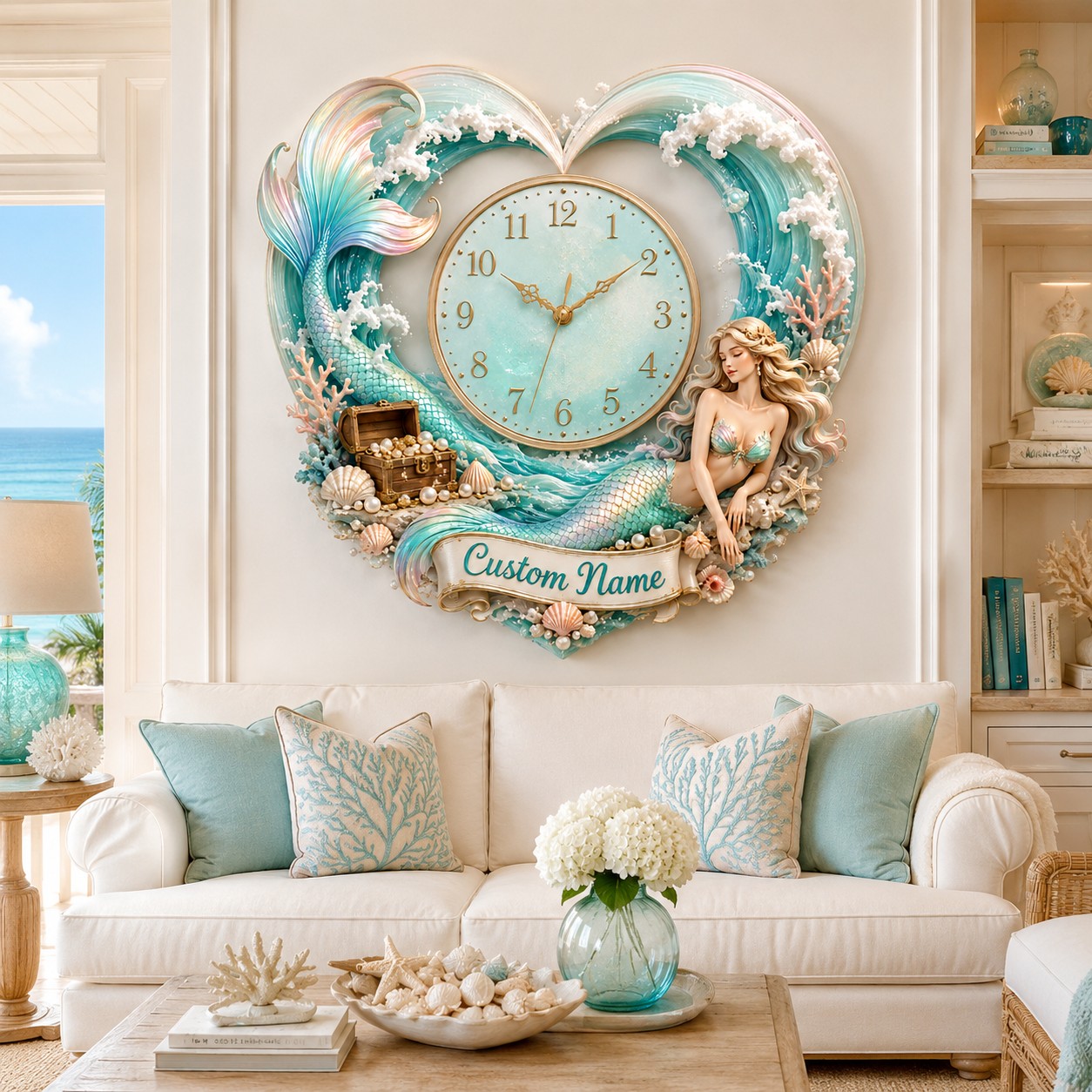 Heart-shaped mermaid Custom Name Wall Clock — personalized with a custom name
