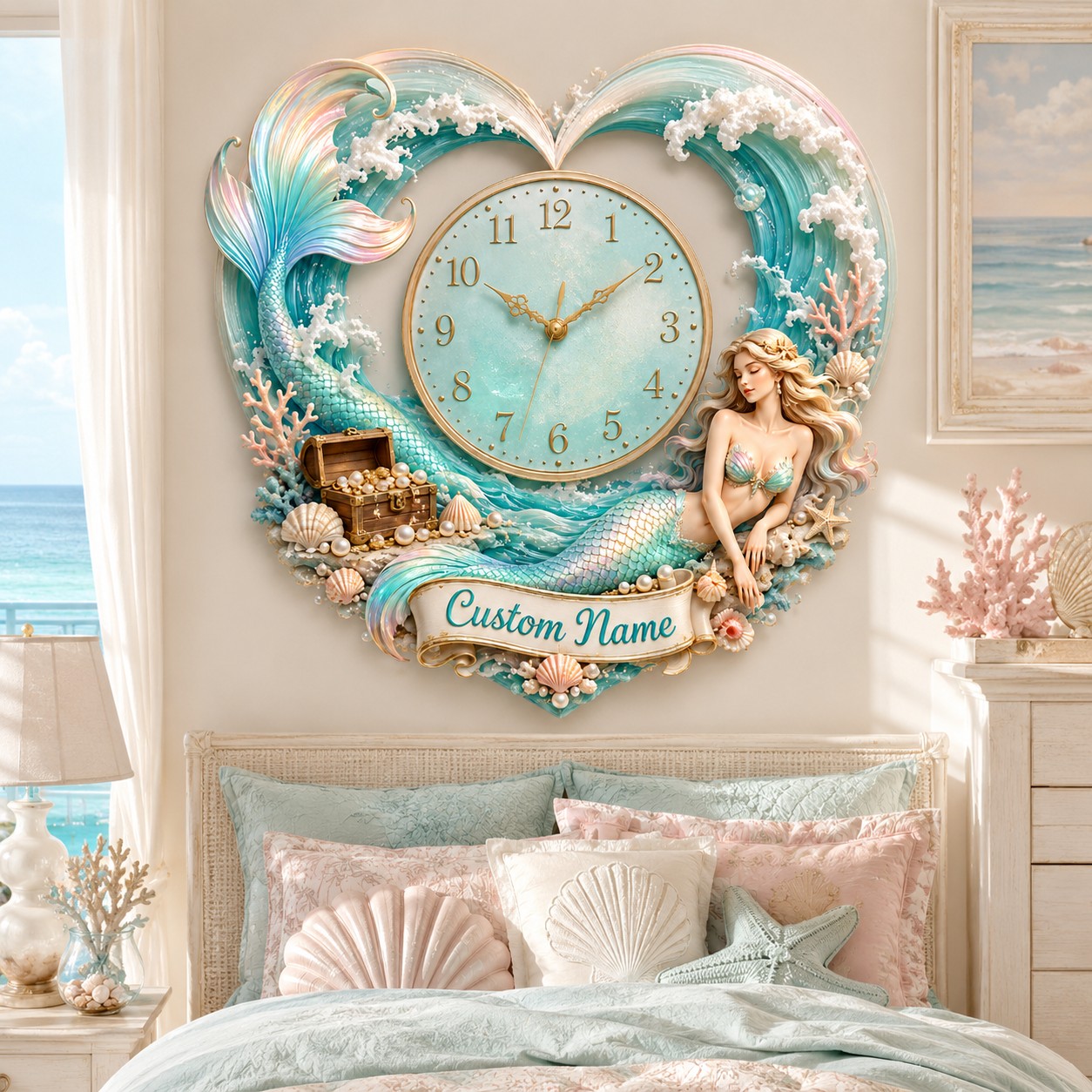 Heart-shaped mermaid Custom Name Wall Clock — personalized with a custom name