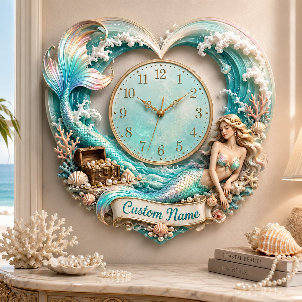 Heart-shaped mermaid Custom Name Wall Clock — personalized with a custom name