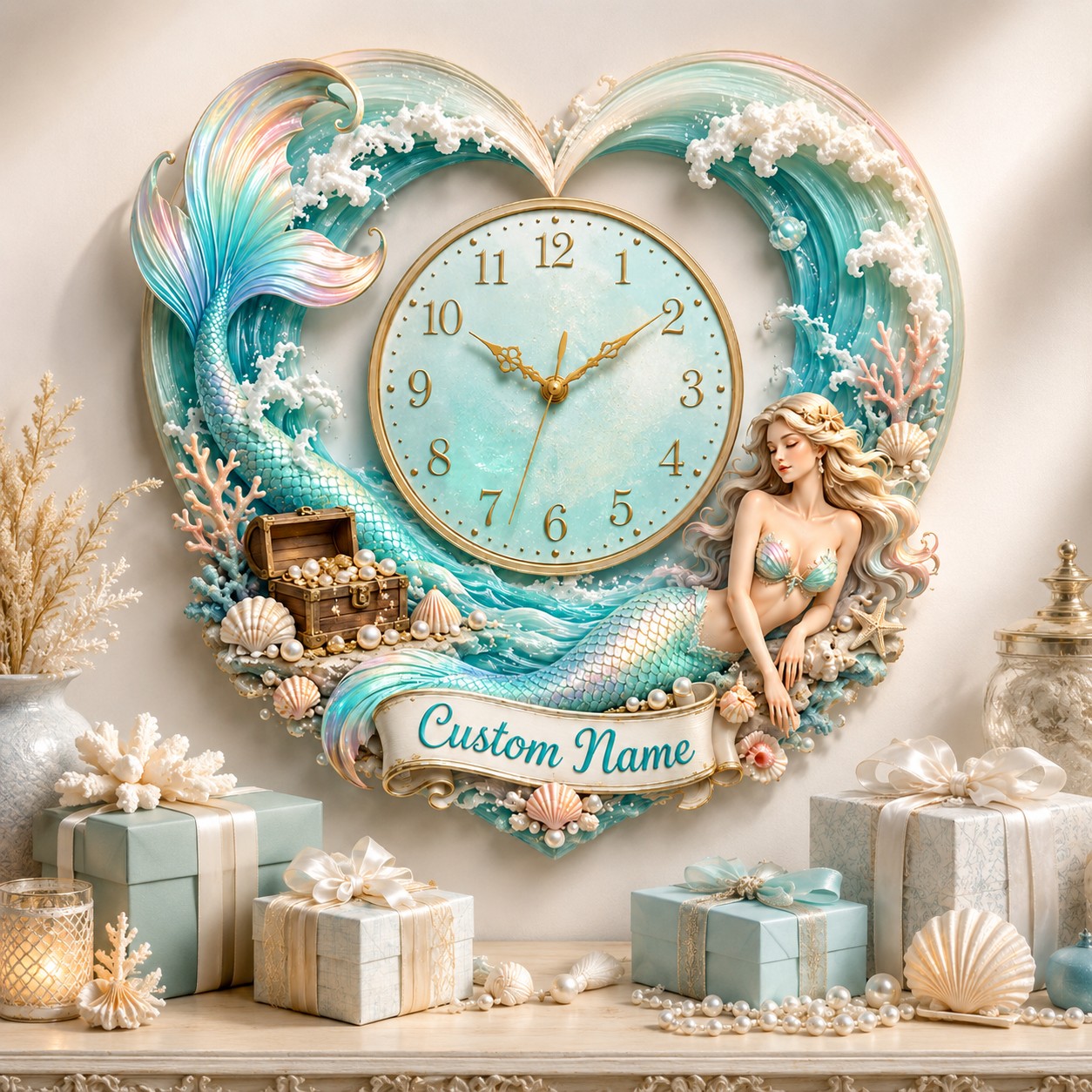 Heart-shaped mermaid Custom Name Wall Clock — personalized with a custom name