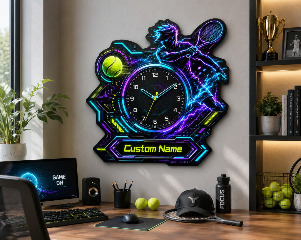 Cyber tennis Custom Name Wall Clock — personalized with a custom name