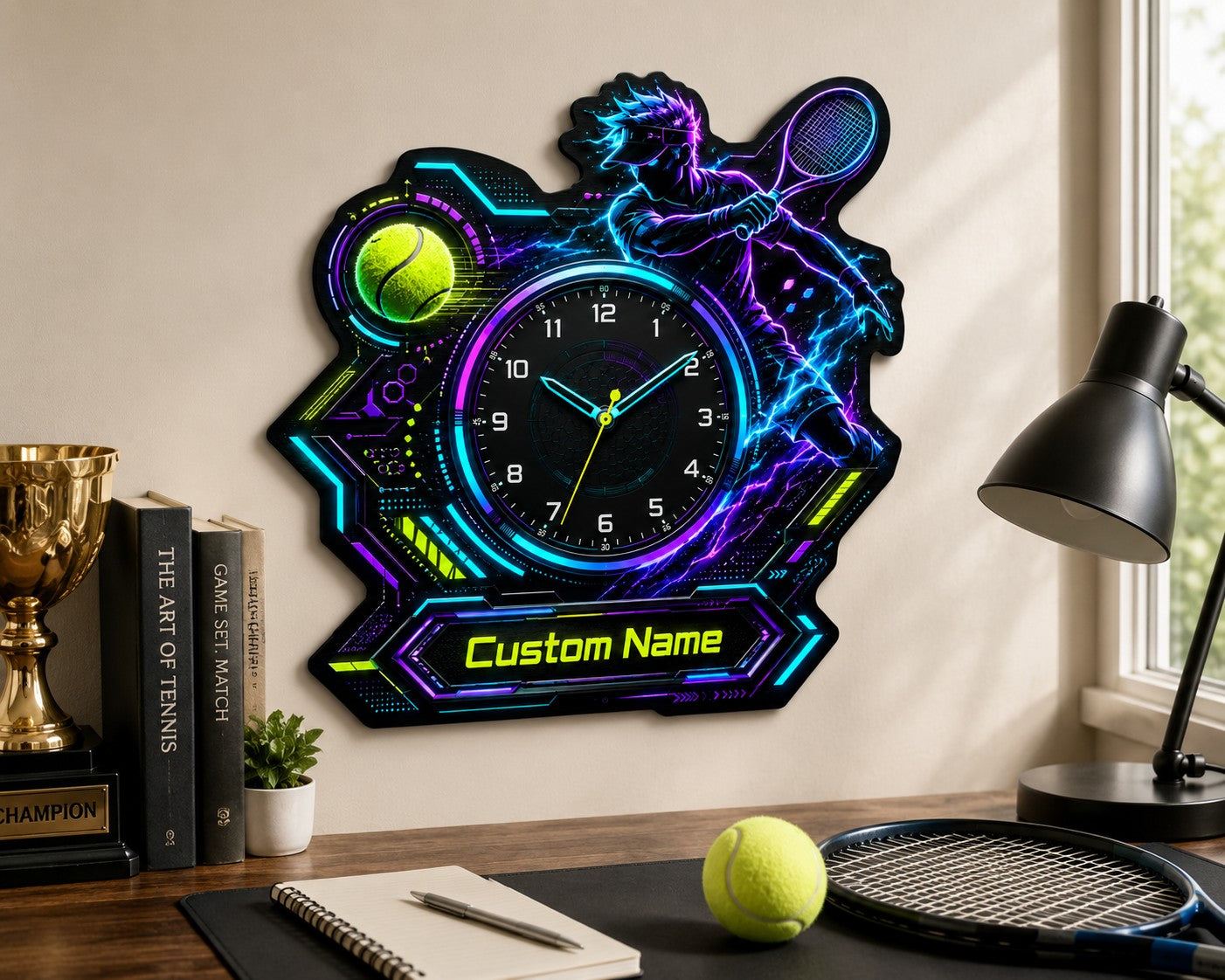 Cyber tennis Custom Name Wall Clock — personalized with a custom name