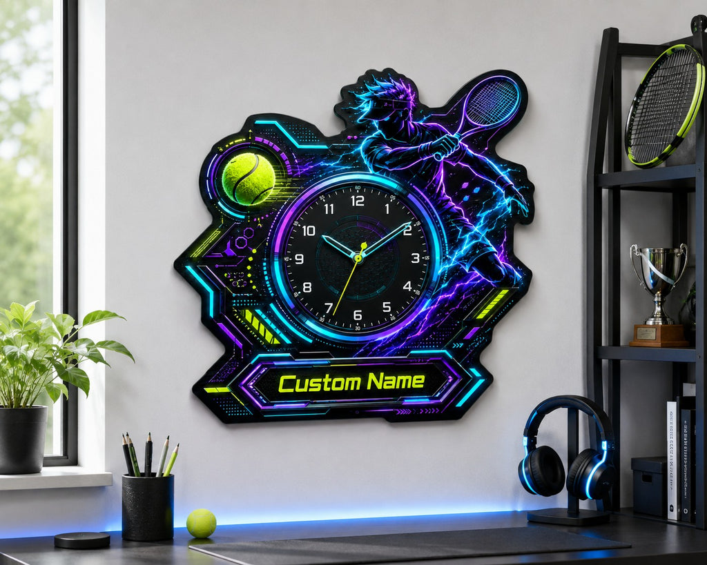 Cyber tennis Custom Name Wall Clock — personalized with a custom name