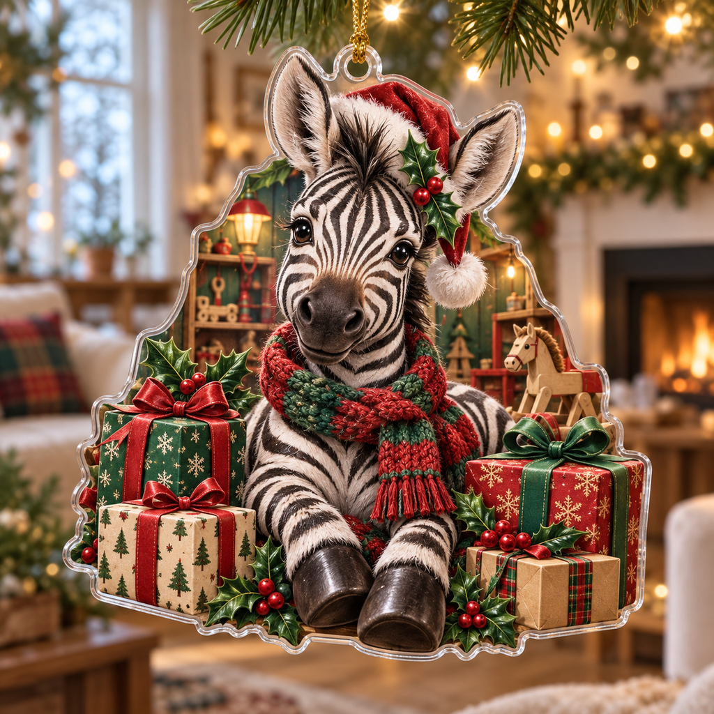 Zebra Acrylic Christmas Ornament — digital product visualization