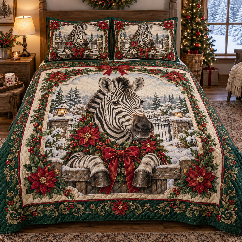 Zebra Christmas 3-Piece Quilted Bedding Set — digital product visualization