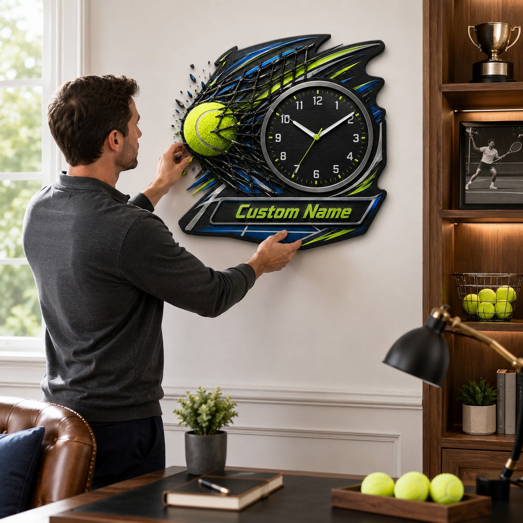Tennis power shot Custom Name Wall Clock — personalized with a custom name