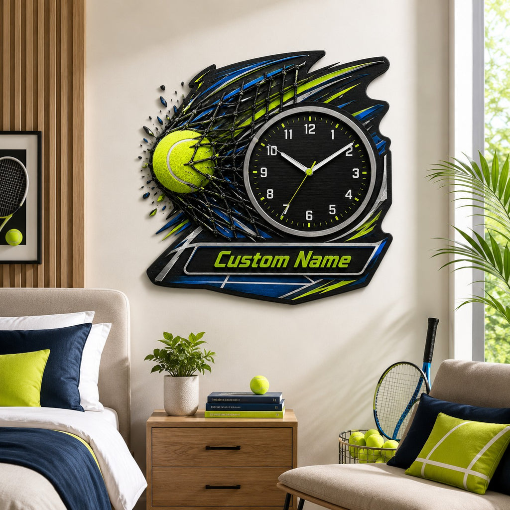 Tennis power shot Custom Name Wall Clock — personalized with a custom name