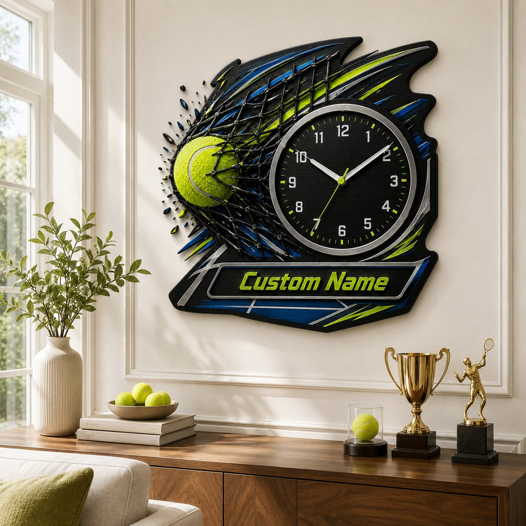 Tennis power shot Custom Name Wall Clock — personalized with a custom name