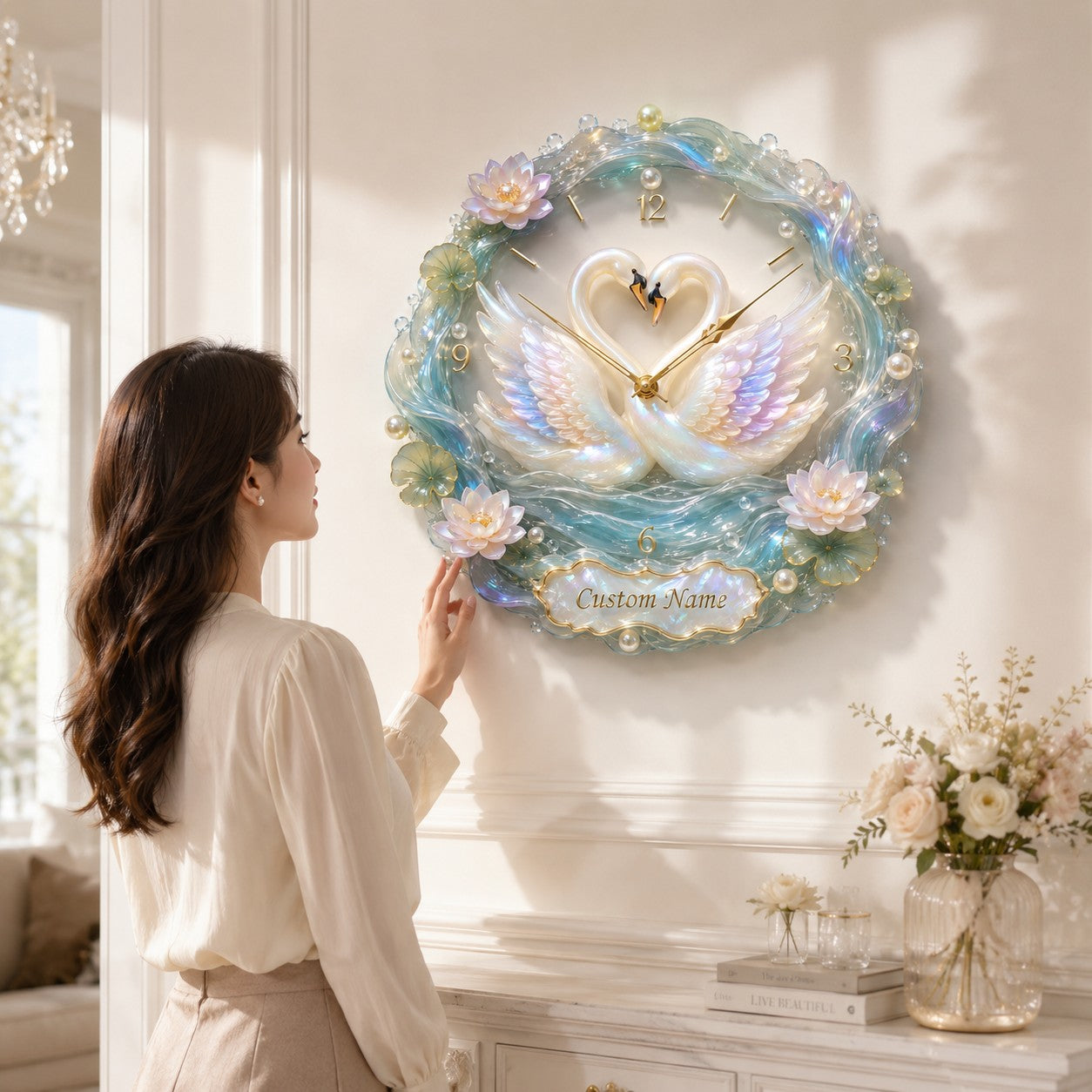 Elegant Feminine Interiors Custom Name Wall Clock — personalized with a custom name
