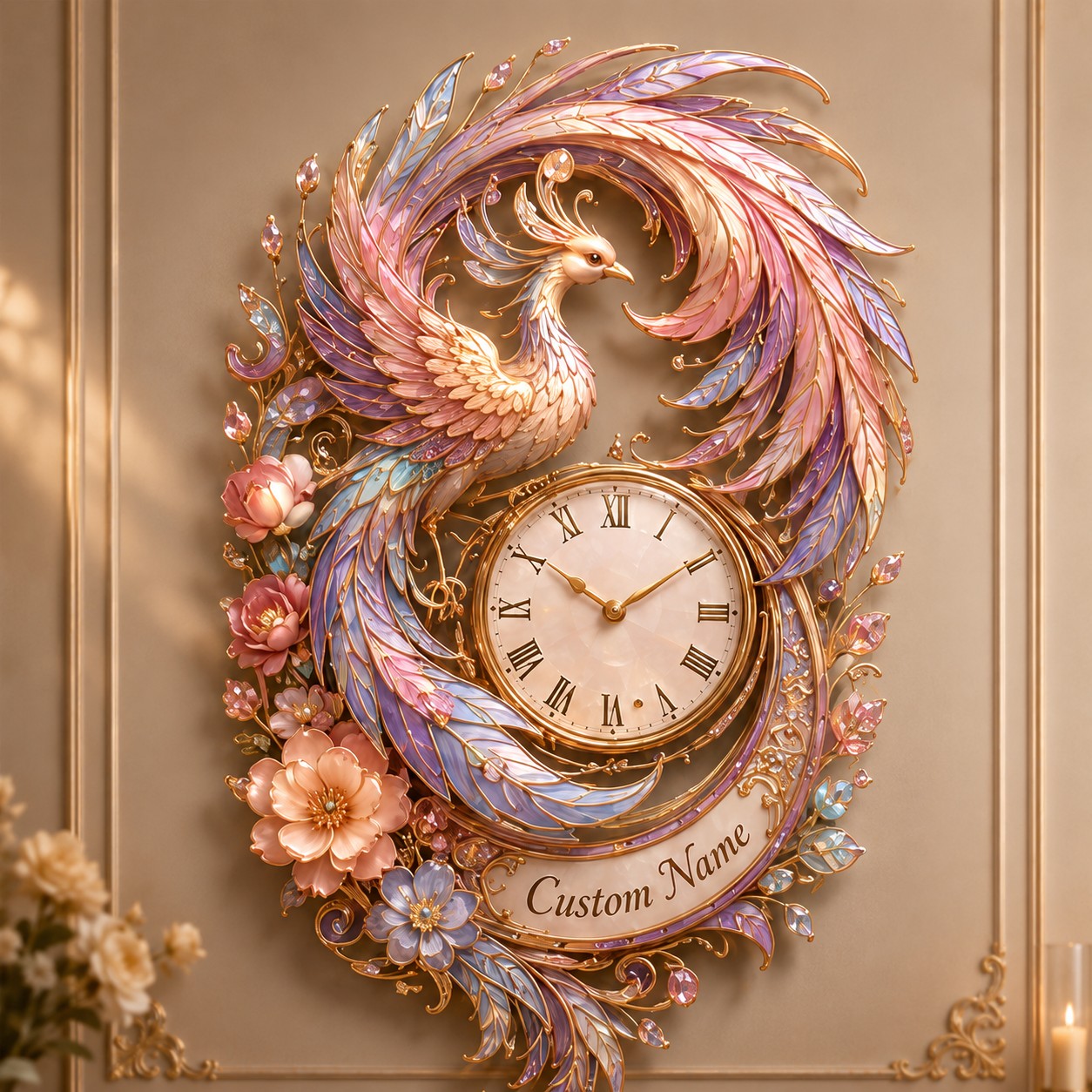 Pastel phoenix Custom Name Wall Clock — personalized with a custom name