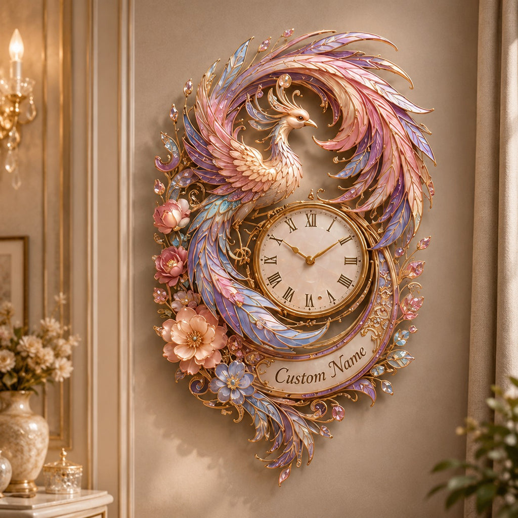 Pastel phoenix Custom Name Wall Clock — personalized with a custom name