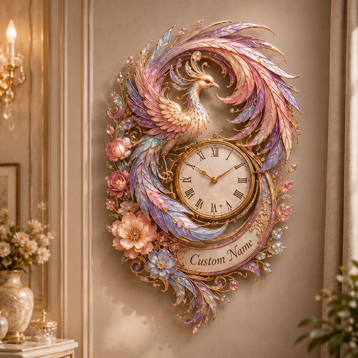 Pastel phoenix Custom Name Wall Clock — personalized with a custom name