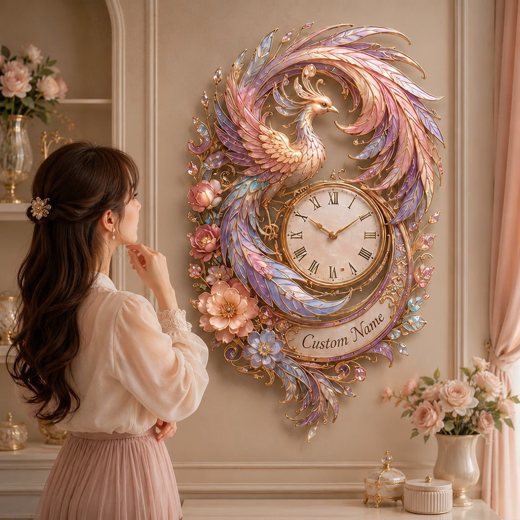 Pastel phoenix Custom Name Wall Clock — personalized with a custom name