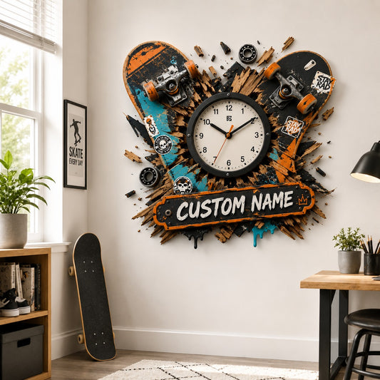Skateboarder Custom Name Wall Clock — personalized with a custom name