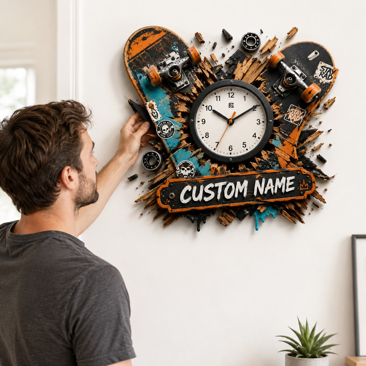 Skateboarder Custom Name Wall Clock — personalized with a custom name