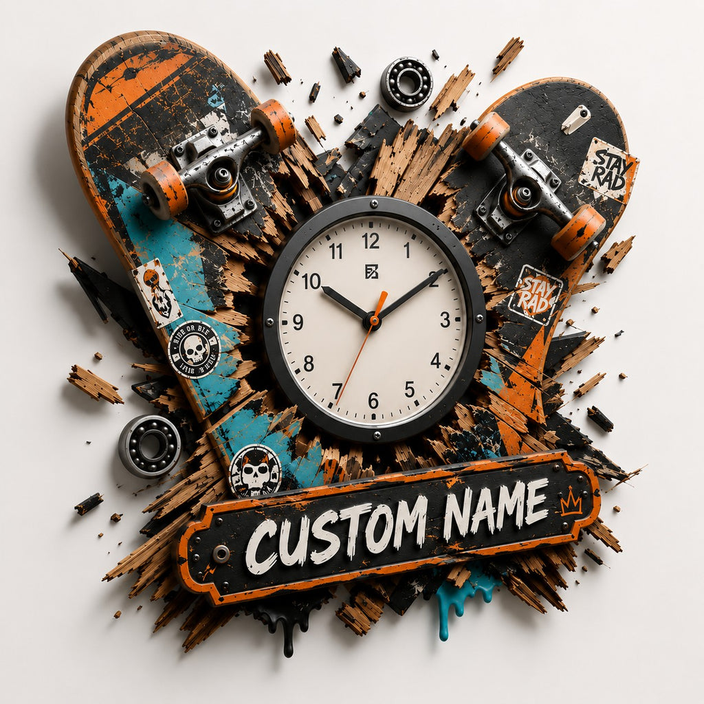 Skateboarder Custom Name Wall Clock — personalized with a custom name
