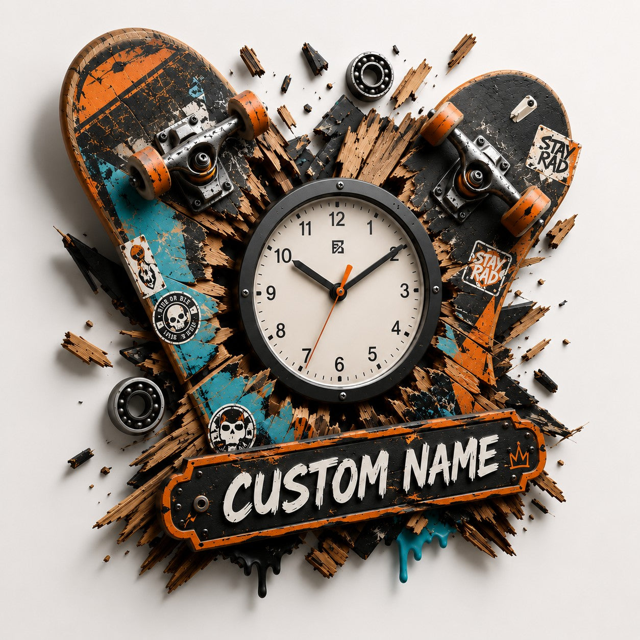 Skateboarder Custom Name Wall Clock — personalized with a custom name
