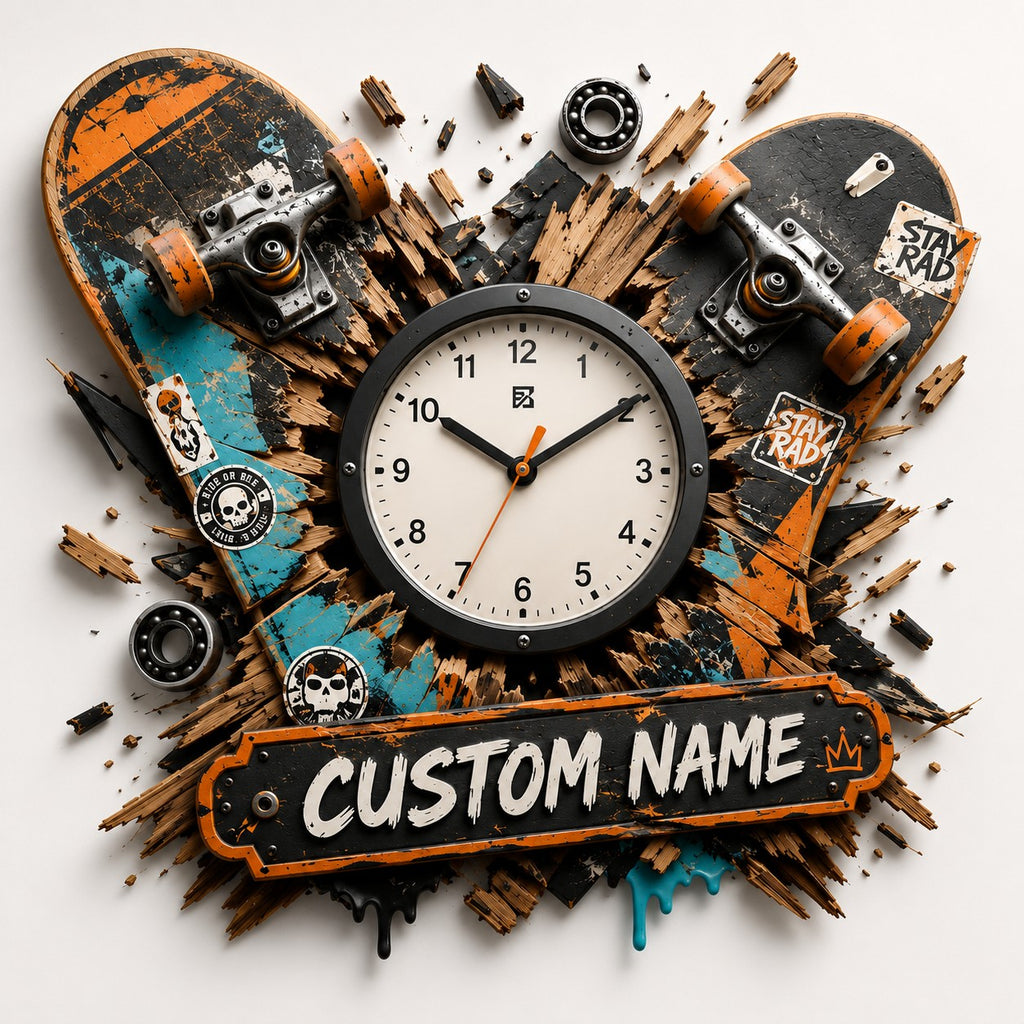 Skateboarder Custom Name Wall Clock — personalized with a custom name