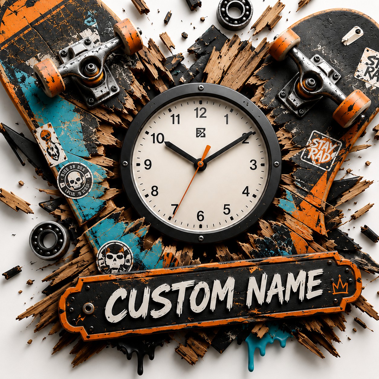 Skateboarder Custom Name Wall Clock — personalized with a custom name