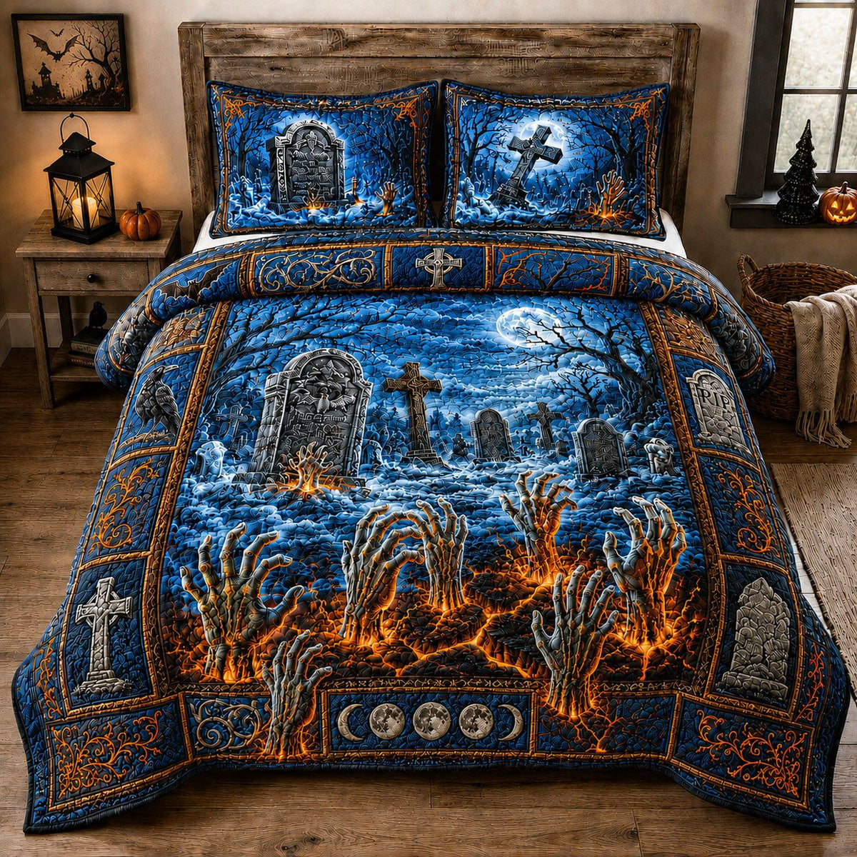 Zombie Hands Graveyard Blue quilted 3-piece bedding set on a made bed against a dark styled interior