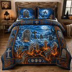 Zombie Hands Graveyard Blue quilted 3-piece bedding set on a made bed against a dark styled interior