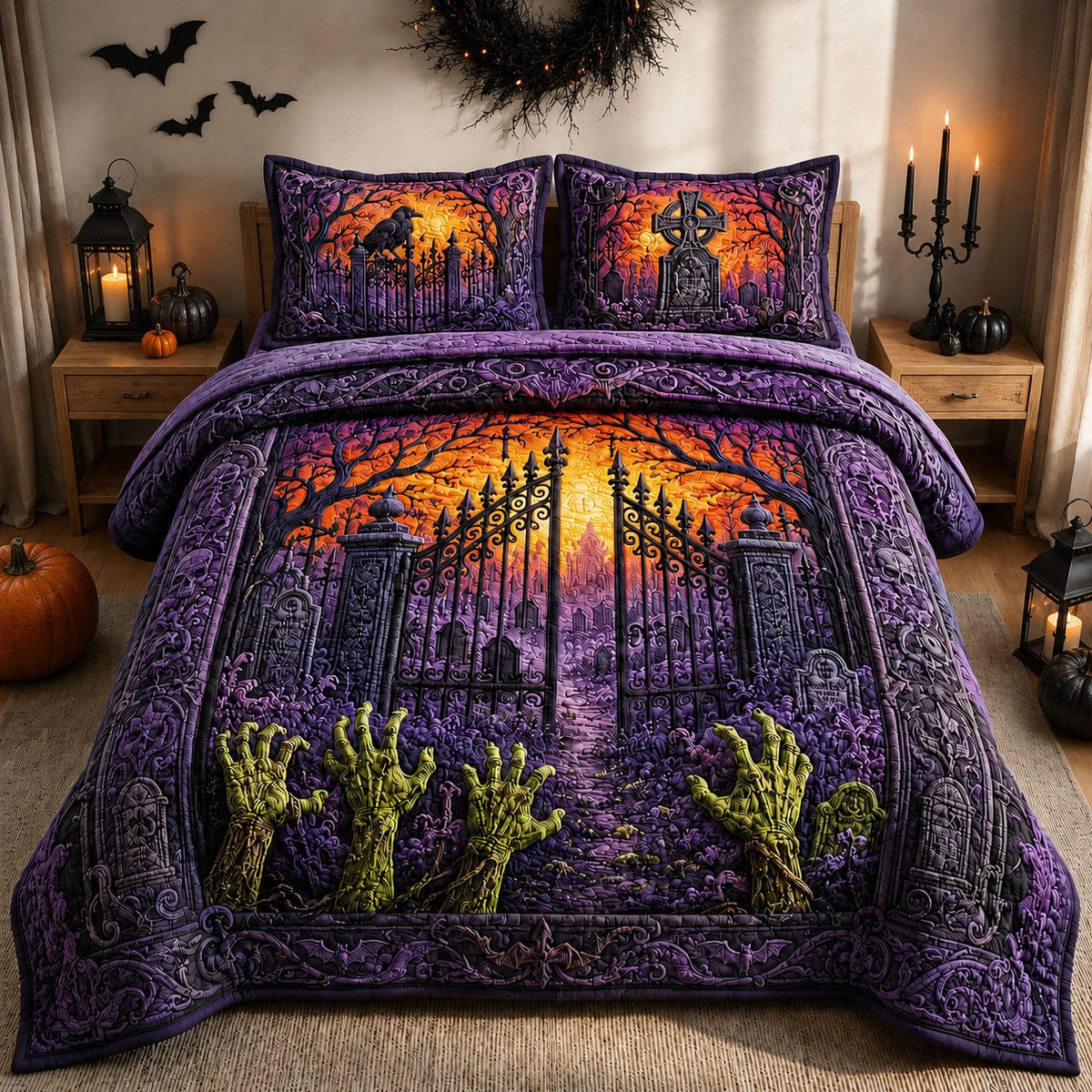 Zombie Hands Graveyard Sun Gate quilted 3-piece bedding set on a made bed against a dark styled interior