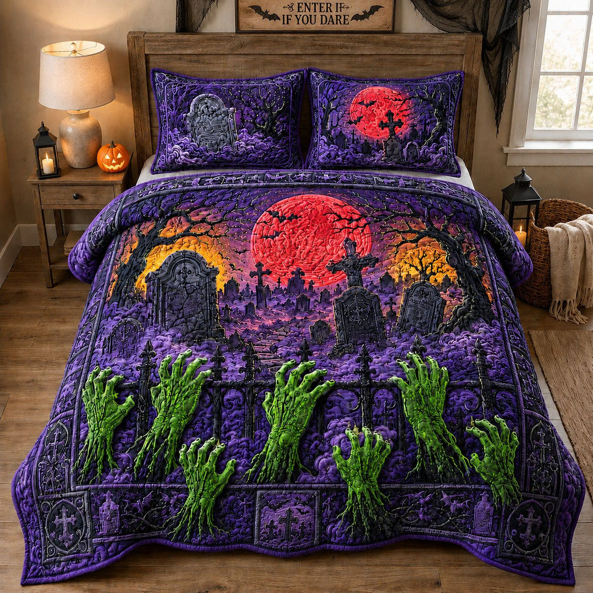 Zombie Hands Graveyard Sun Moon quilted 3-piece bedding set on a made bed against a dark styled interior