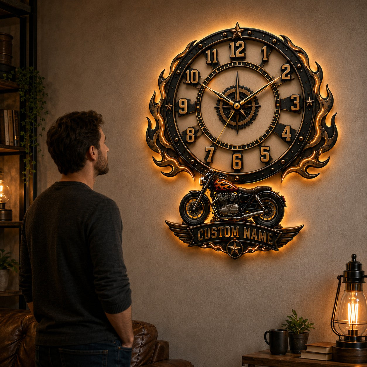 Motorcycle Enthusiast Custom Name Wall Clock — personalized with a custom name