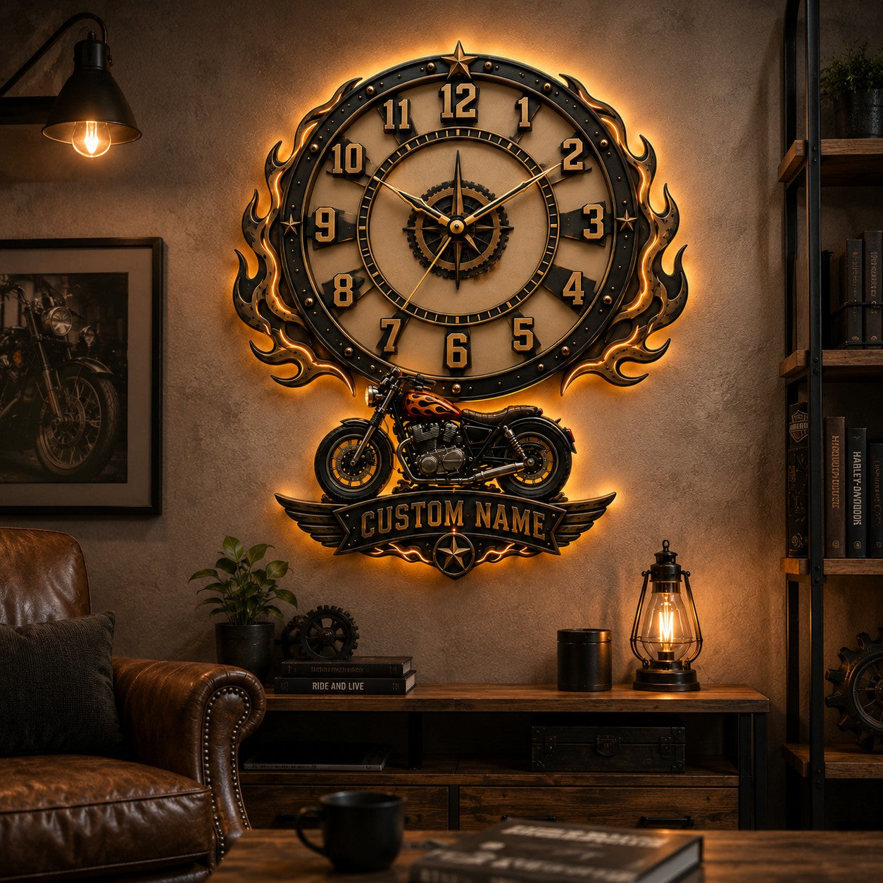 Motorcycle Enthusiast Custom Name Wall Clock — personalized with a custom name