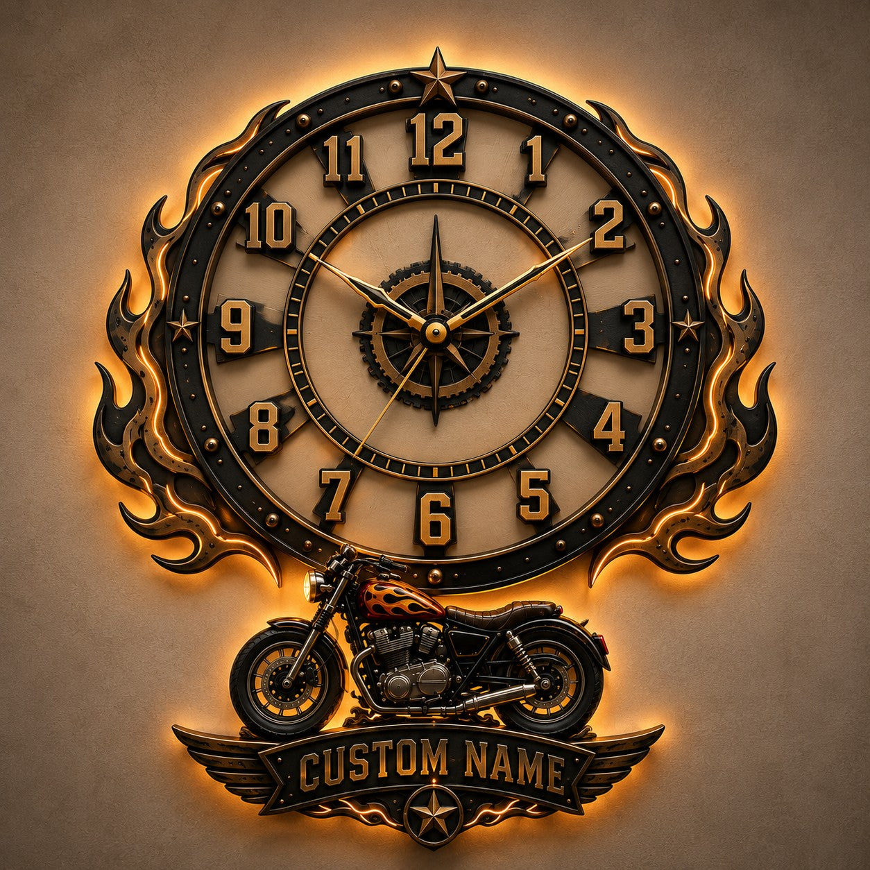 Motorcycle Enthusiast Custom Name Wall Clock — personalized with a custom name