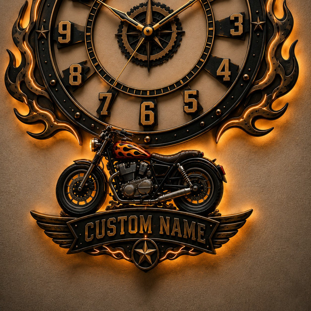 Motorcycle Enthusiast Custom Name Wall Clock — personalized with a custom name