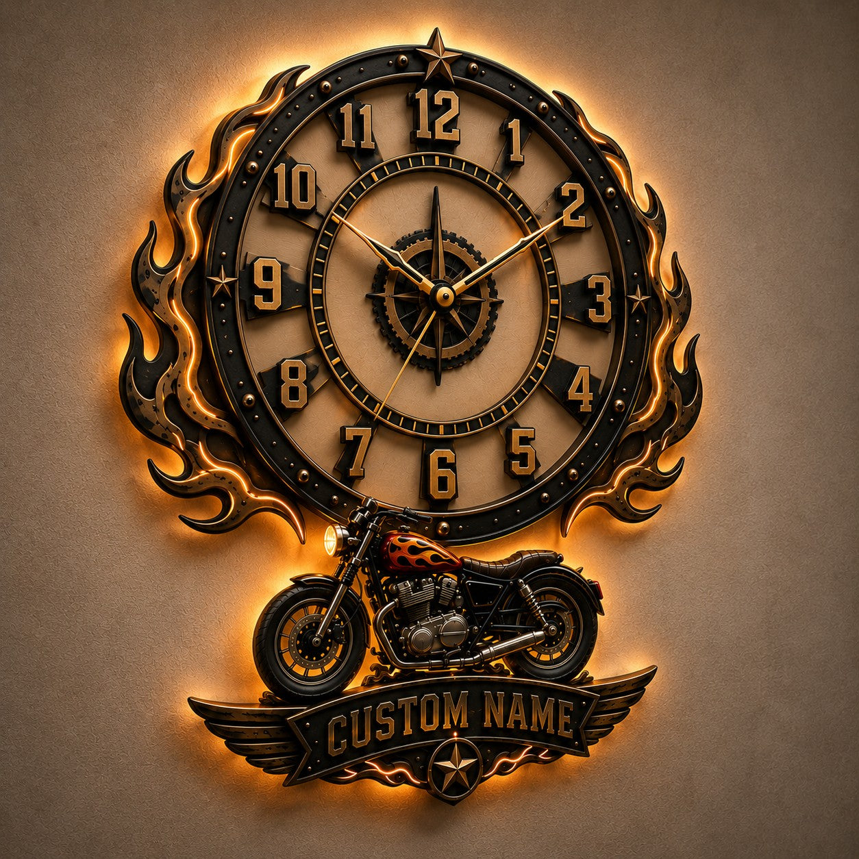 Motorcycle Enthusiast Custom Name Wall Clock — personalized with a custom name