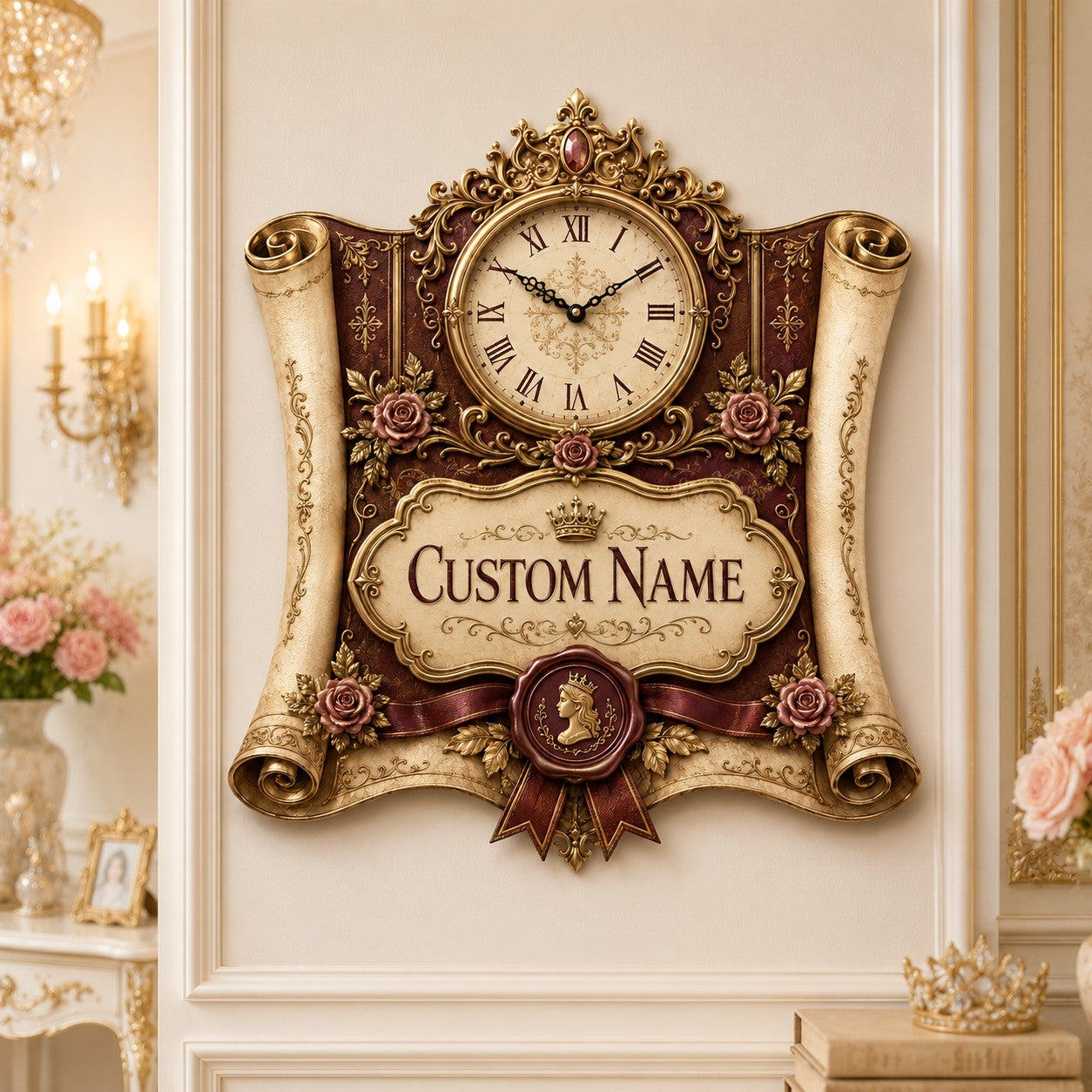 Royal scroll Custom Name Wall Clock — personalized with a custom name