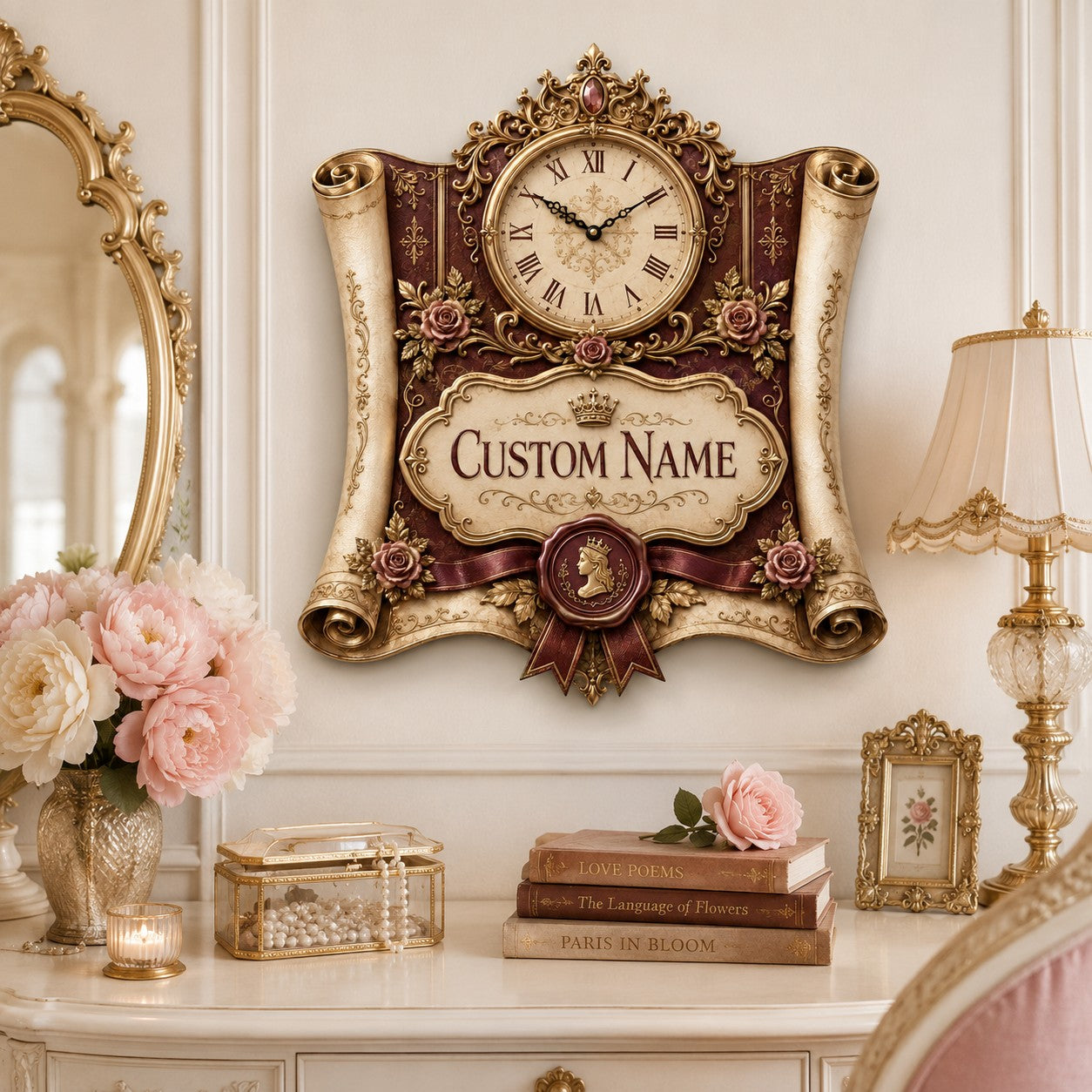 Royal scroll Custom Name Wall Clock — personalized with a custom name