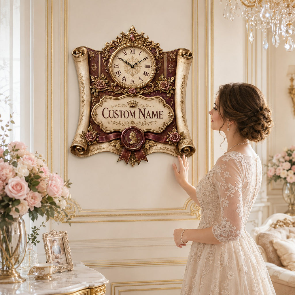 Royal scroll Custom Name Wall Clock — personalized with a custom name