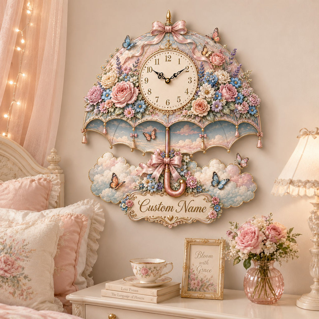Umbrella Custom Name Wall Clock — personalized with a custom name